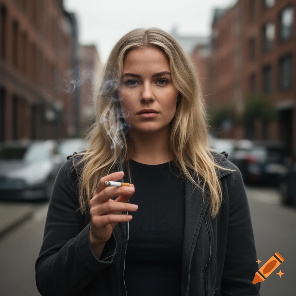 Photorealistic portrait of a blonde woman smoking a cigarette in an urban street.