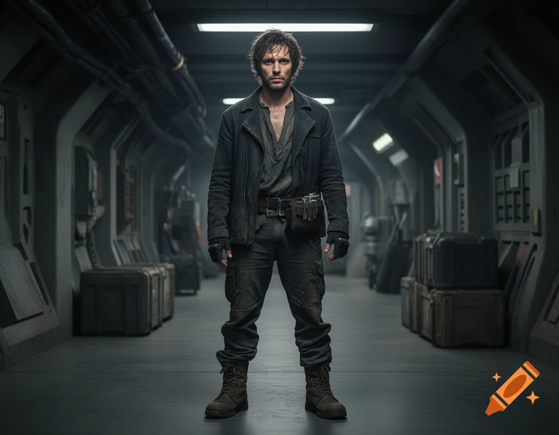 Photorealistic full-body portrait of a male human thief with unkempt hair standing in a futuristic industrial spaceship corridor.