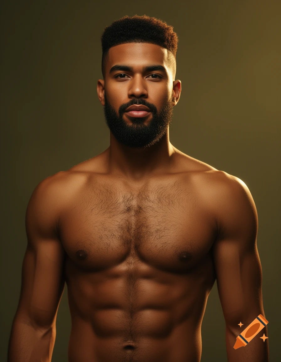 Close-up portrait of a shirtless athletic man with a short fade haircut and full beard against a dark background.