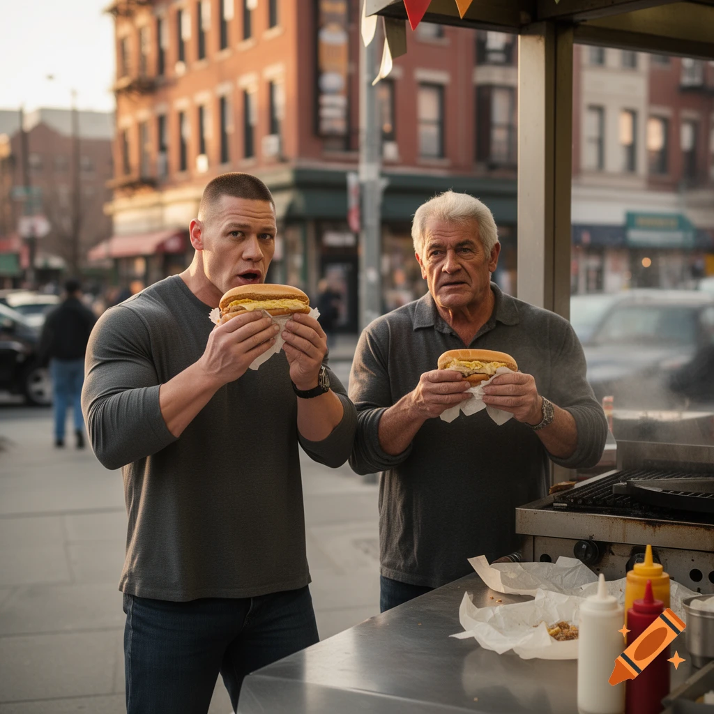Photorealistic image of John Cena and Rocky Balboa eating Philly cheesesteaks at a food cart on a city street.