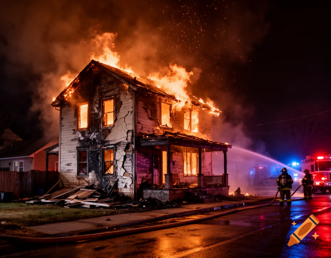 Photorealistic image of a two-story wooden house engulfed in flames at night, with a fire truck and firefighters nearby.