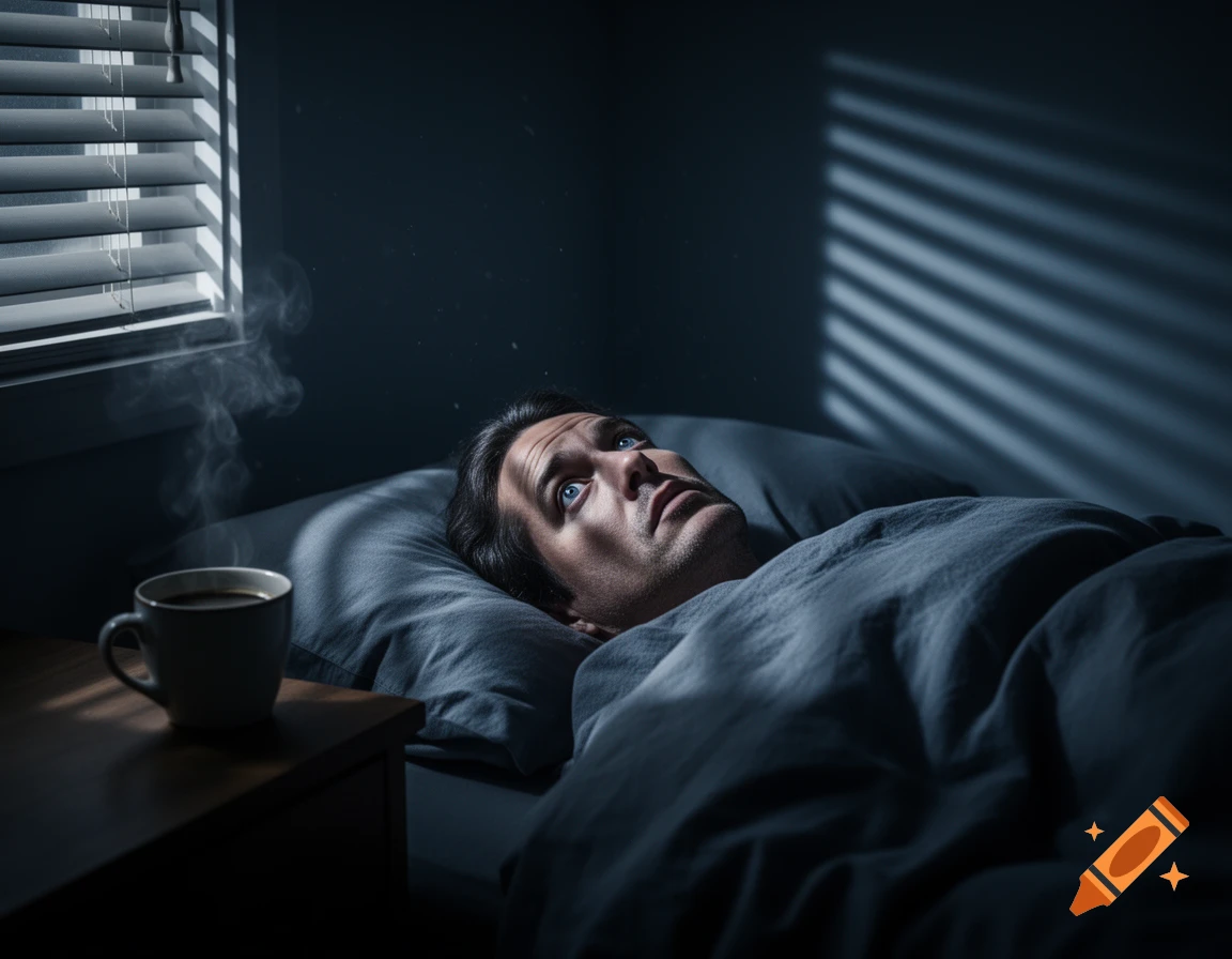 Photorealistic scene of a man lying in bed at night with wide eyes staring at the ceiling, illuminated by moonlight through blinds, with a steaming cup of coffee on the nightstand.