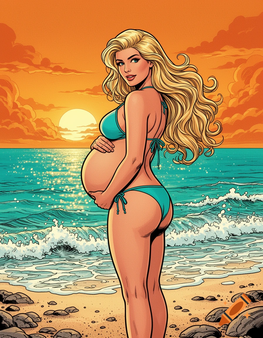 Vintage comic book pinup illustration of a pregnant blonde woman in a turquoise bikini on a tropical beach at sunset.