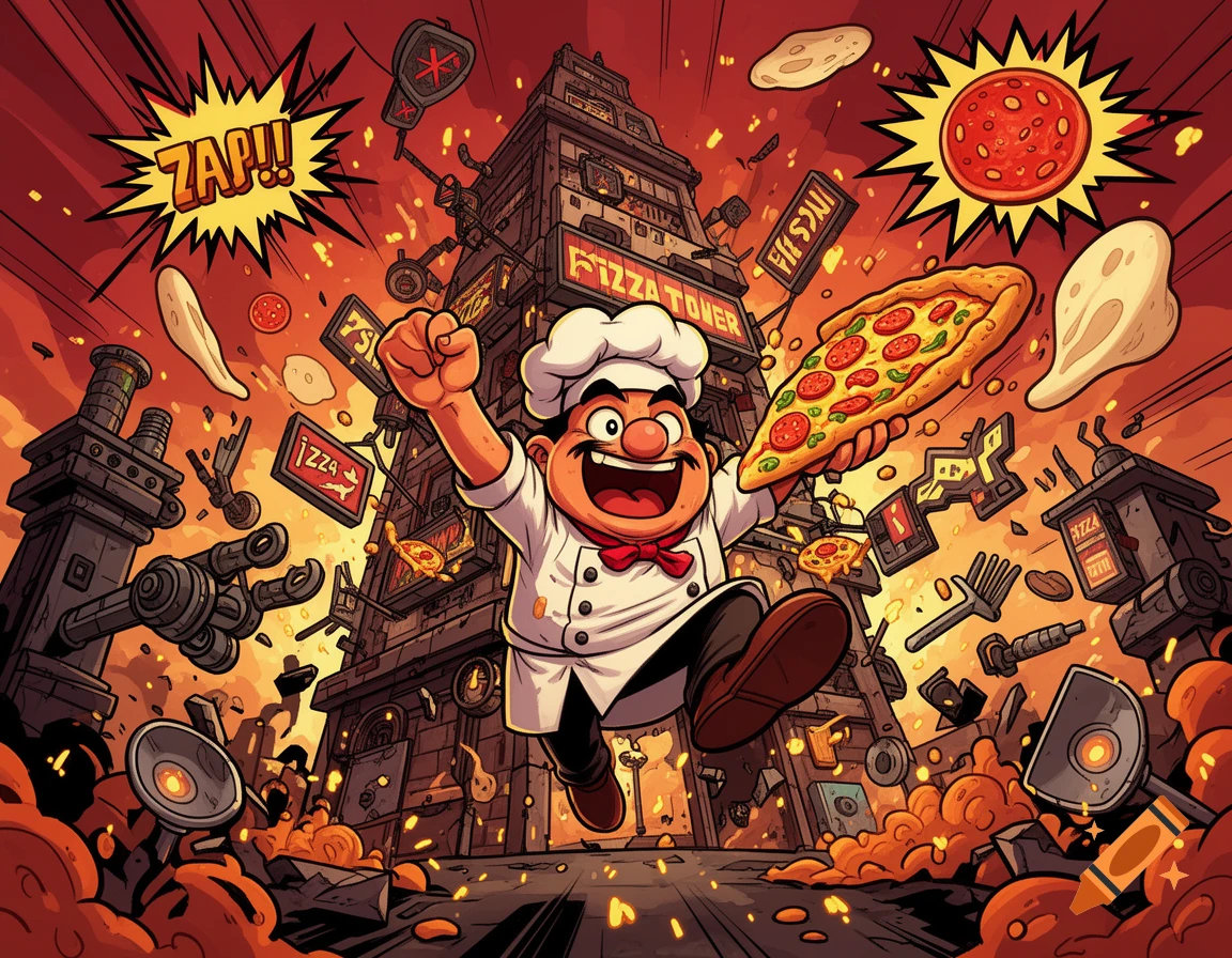 Dynamic cartoon illustration of a smiling chef in a white uniform holding a pizza slice in front of a tall tower amidst explosions.