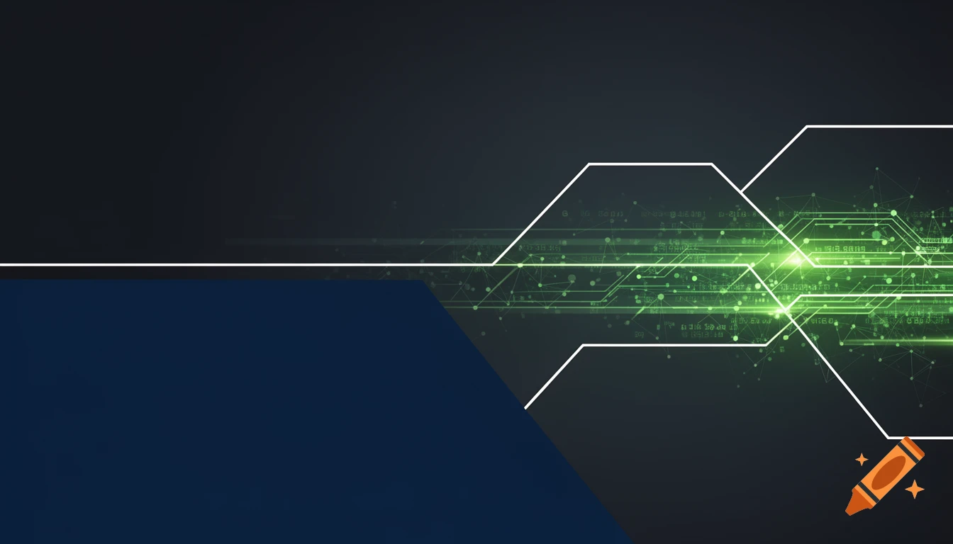 Corporate IT background banner with dark blue and charcoal gradient, white geometric lines, and vibrant green tech circuit graphics.