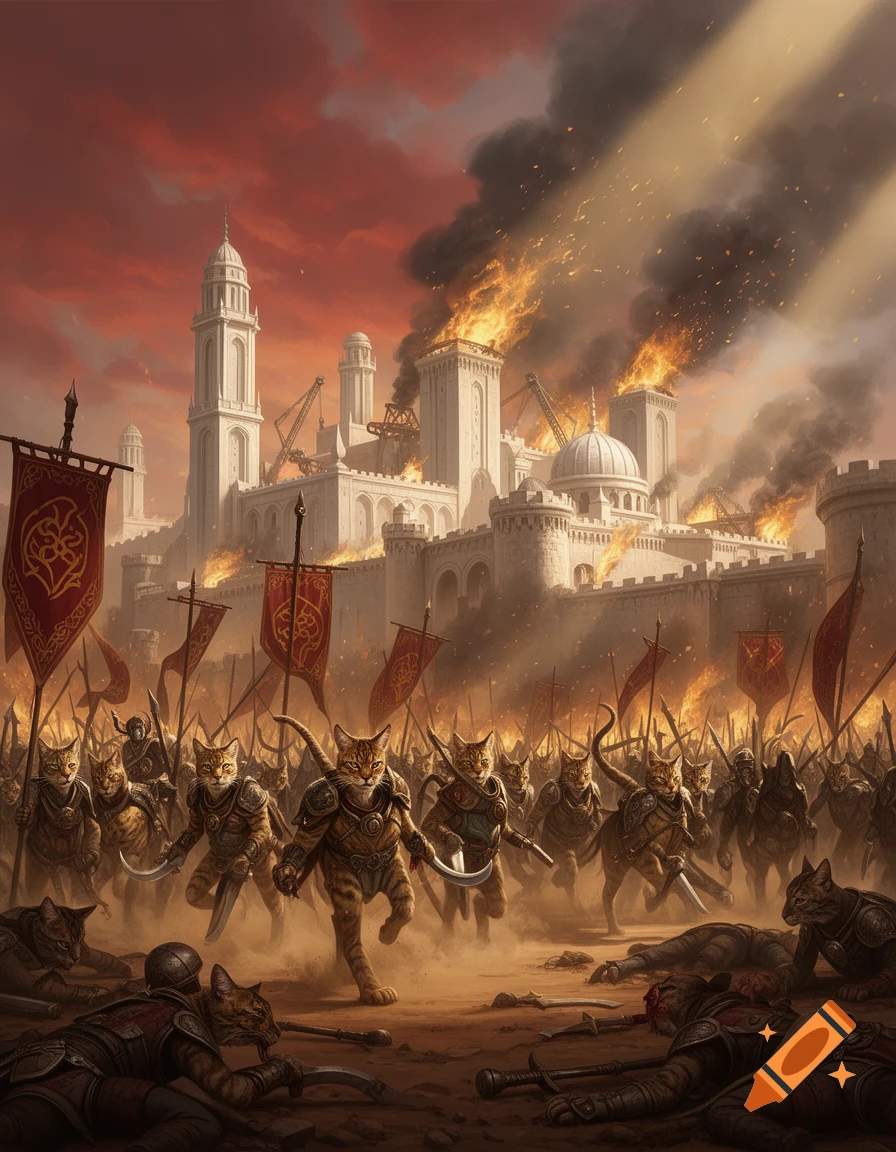 Digital painting of an army of anthropomorphic cat warriors attacking a burning imperial city in a fantasy setting.