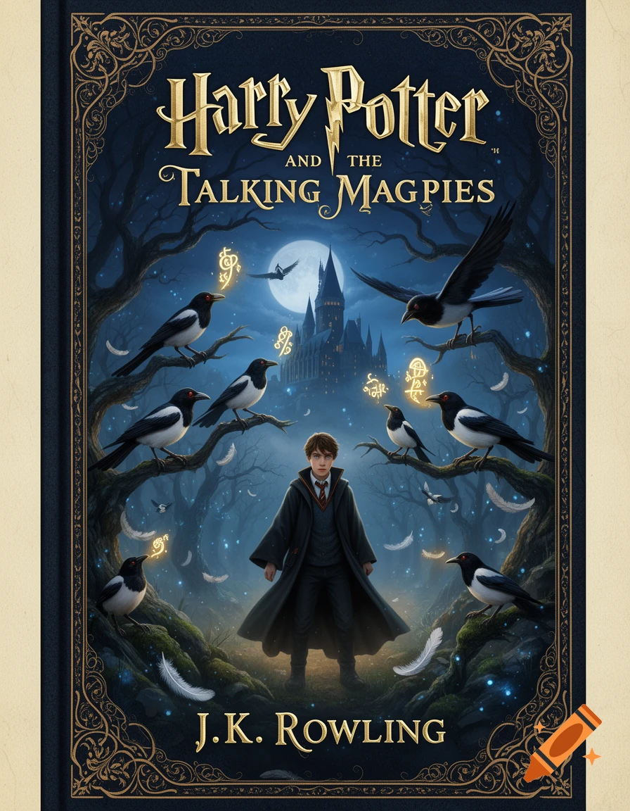 Fictional book cover for Harry Potter and the Talking Magpies featuring a young wizard surrounded by magpies in a dark forest with Hogwarts in the background.