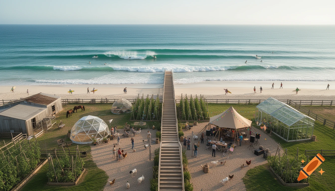 Aerial view of a coastal farm with a wooden staircase leading down to a sandy beach and ocean waves.