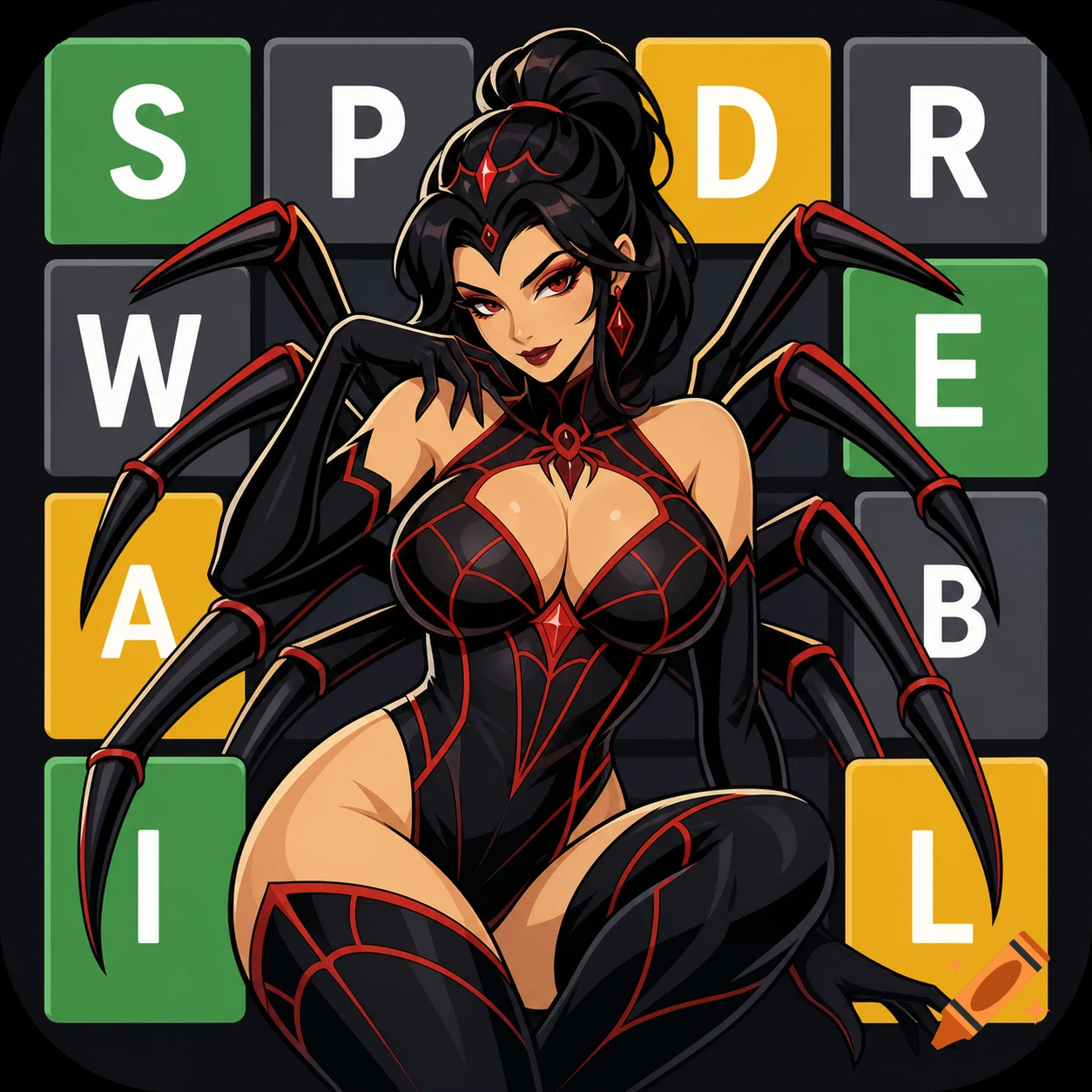 Anime style illustration of a sexy spider woman with black and red outfit surrounded by word game tiles.
