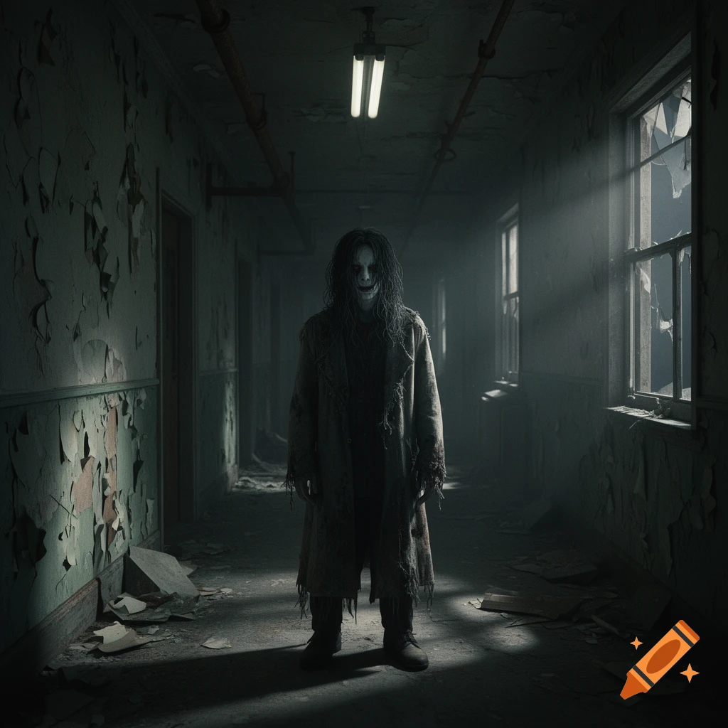 Photorealistic image of a creepy humanoid figure standing in a dark, decaying hospital corridor with peeling walls.