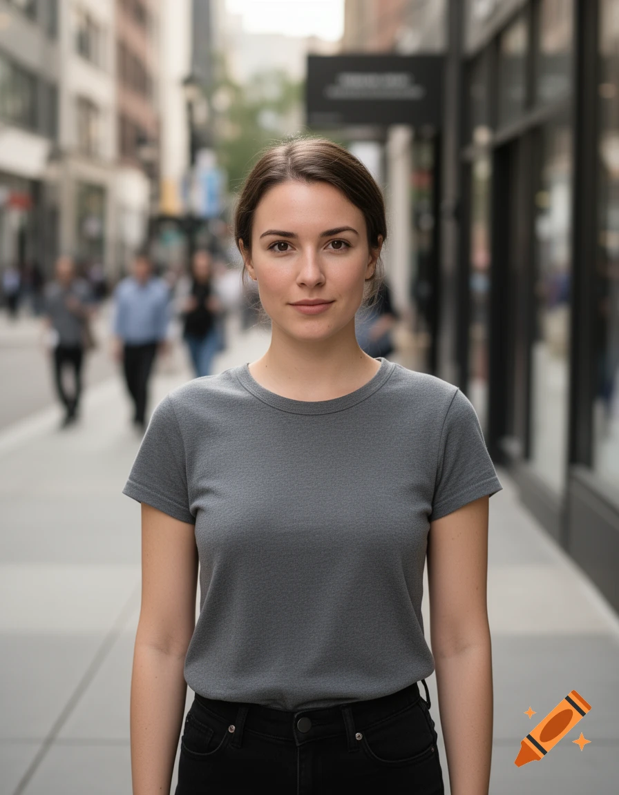 Photorealistic medium shot of a young woman standing on a city sidewalk with blurred background pedestrians.