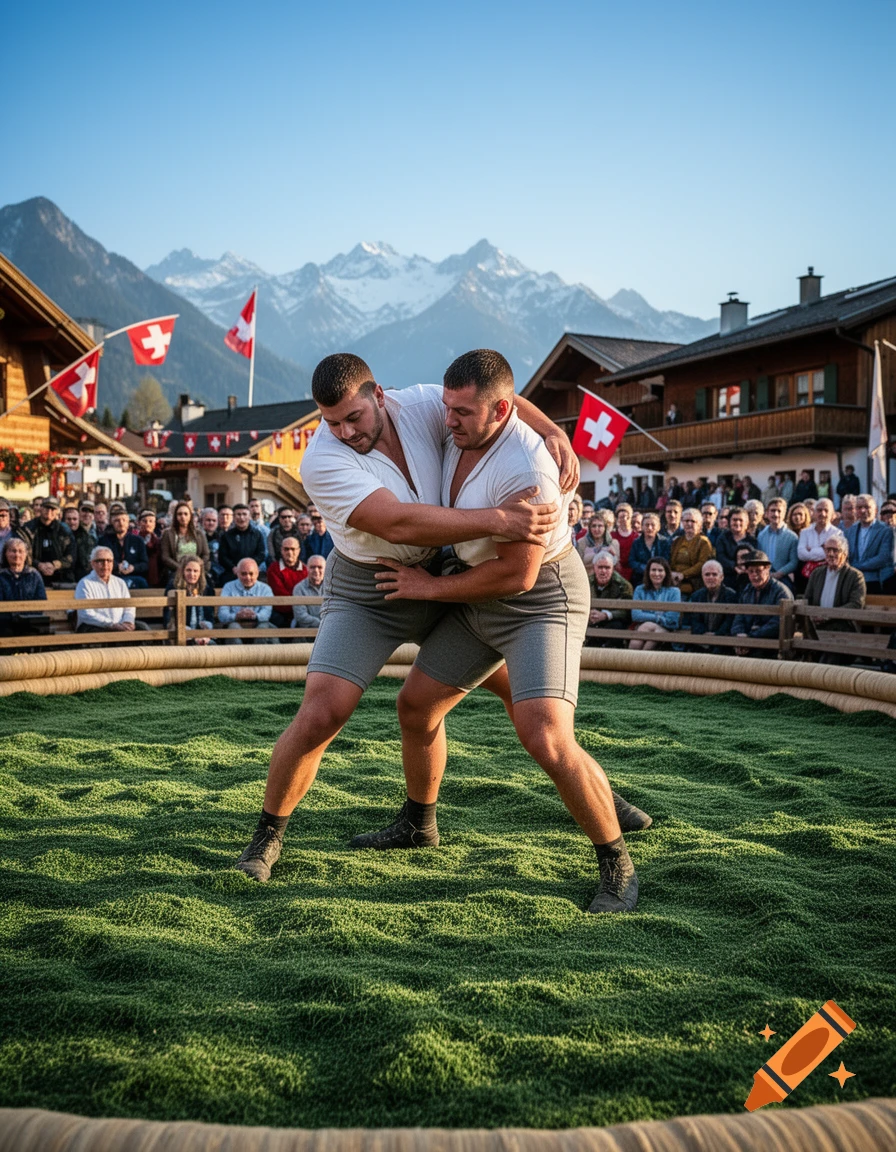 Two men wrestling in a ring of sawdust in front of a crowd with Swiss flags and mountains in the background, photorealistic.
