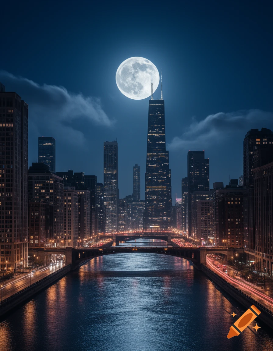 Photorealistic night view of a Chicago river and illuminated skyscrapers under a large full moon.