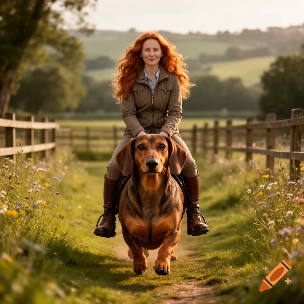 Photorealistic image of a red-haired woman riding a large dachshund on a dirt path between fields.