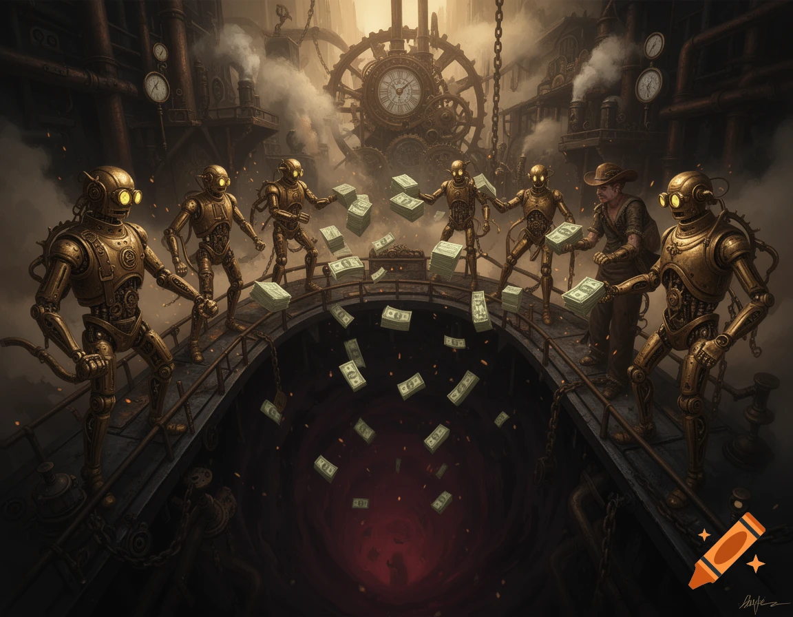 Steampunk scene of golden robots and a person throwing stacks of money into a dark pit inside an industrial machine room.