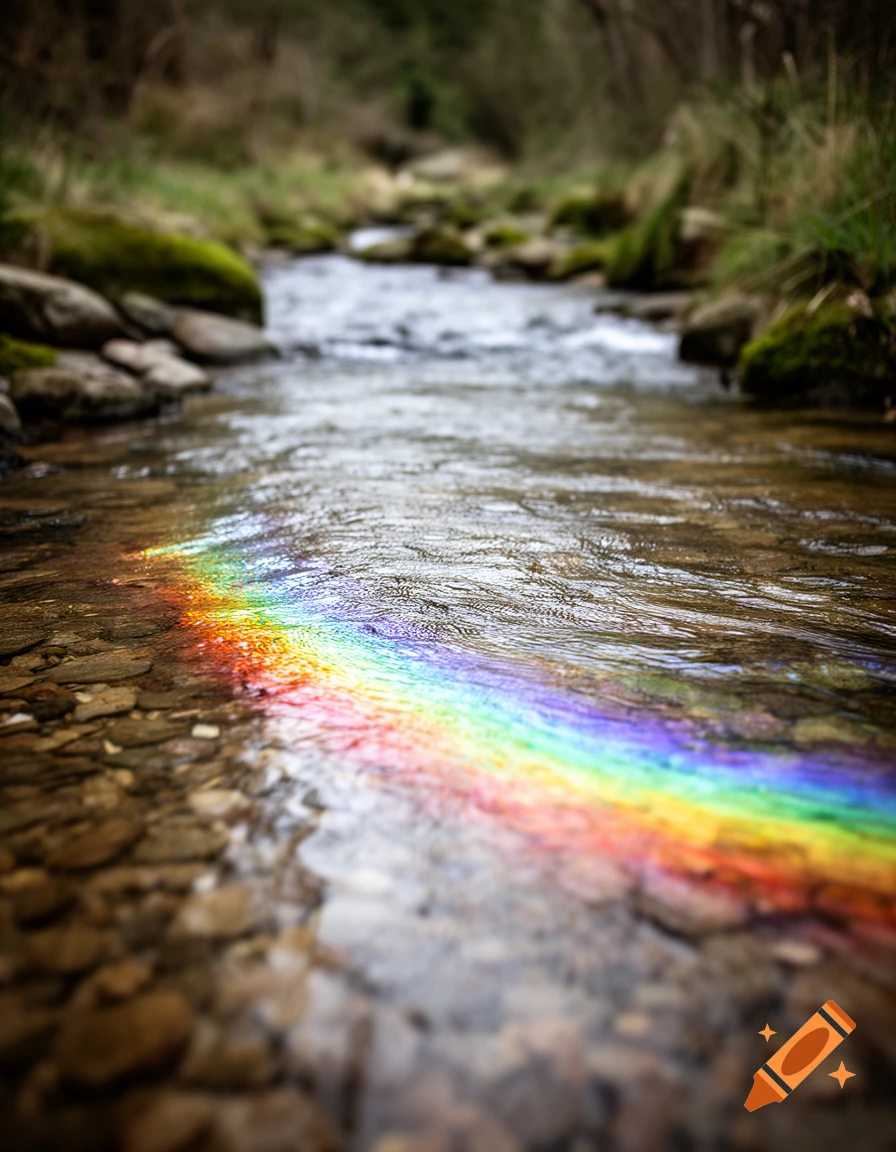 Close-up of a clear stream with a vibrant rainbow tint reflecting on the water surface and smooth rocks.