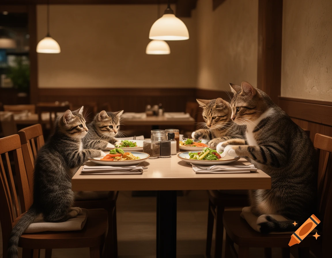 Photorealistic image of four tabby cats sitting at a restaurant table, eating from plates.