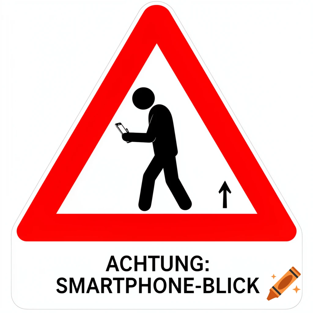A red triangular warning sign featuring a black silhouette of a person looking down at a smartphone while walking.