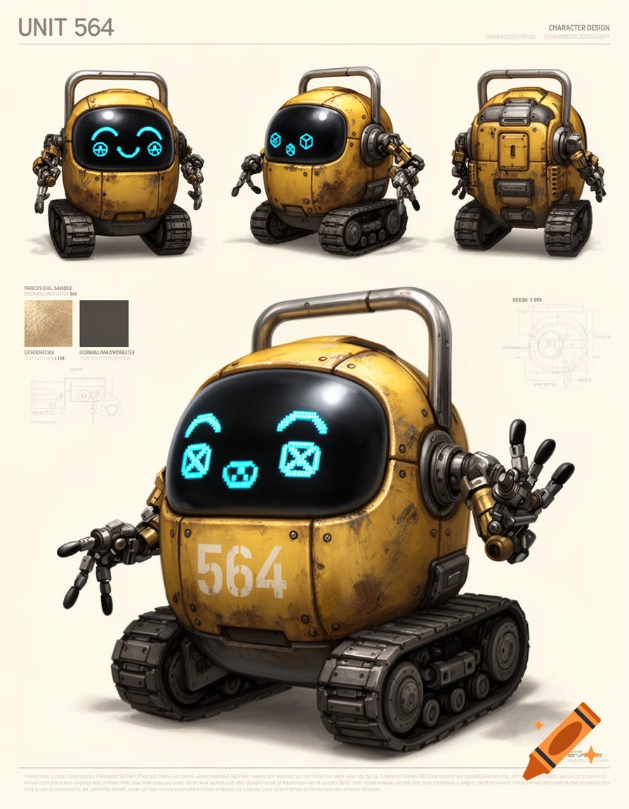 Character design sheet of a small, cute yellow sci-fi utility robot with treads and a digital screen face, digital illustration.