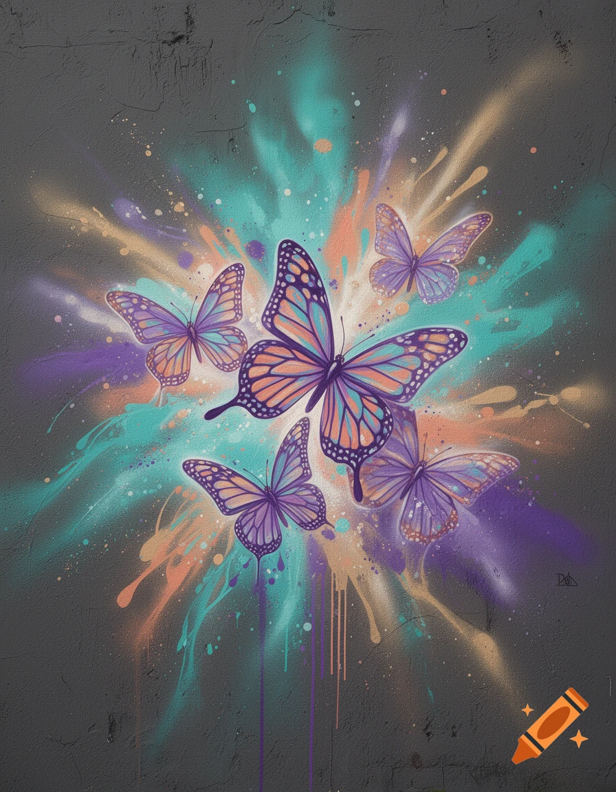 Spray paint art of purple and blue butterflies on a dark textured wall with colorful splatters.