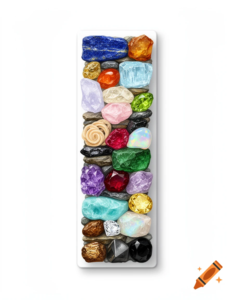 A bookmark shaped like a wall made of various raw gemstones and crystals on a white background.