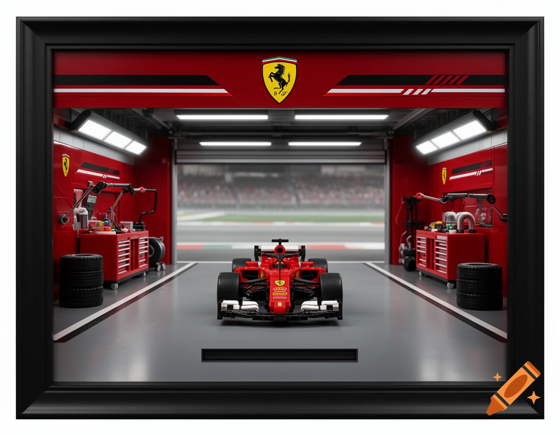 A framed display of a Lego Ferrari Formula 1 car inside a miniature pit lane garage.