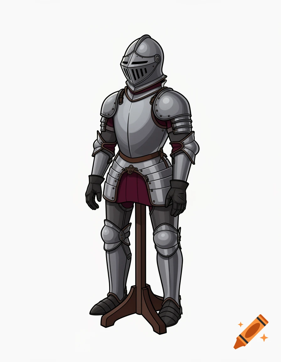 Comic style illustration of a full suit of medieval plate armor on a wooden stand against a plain white background.