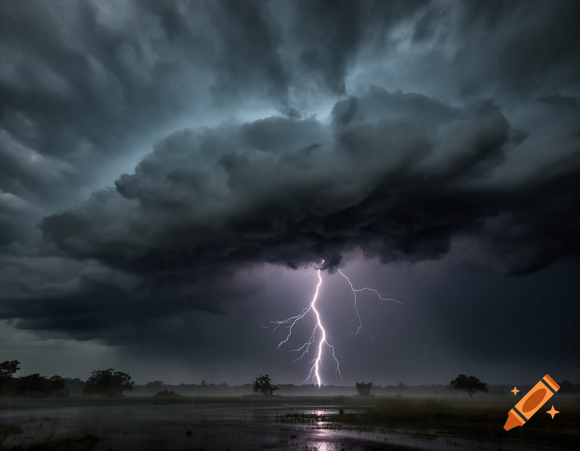 Photorealistic image of a powerful thunderstorm with a bright bolt of lightning striking a flooded field below dark storm clouds.