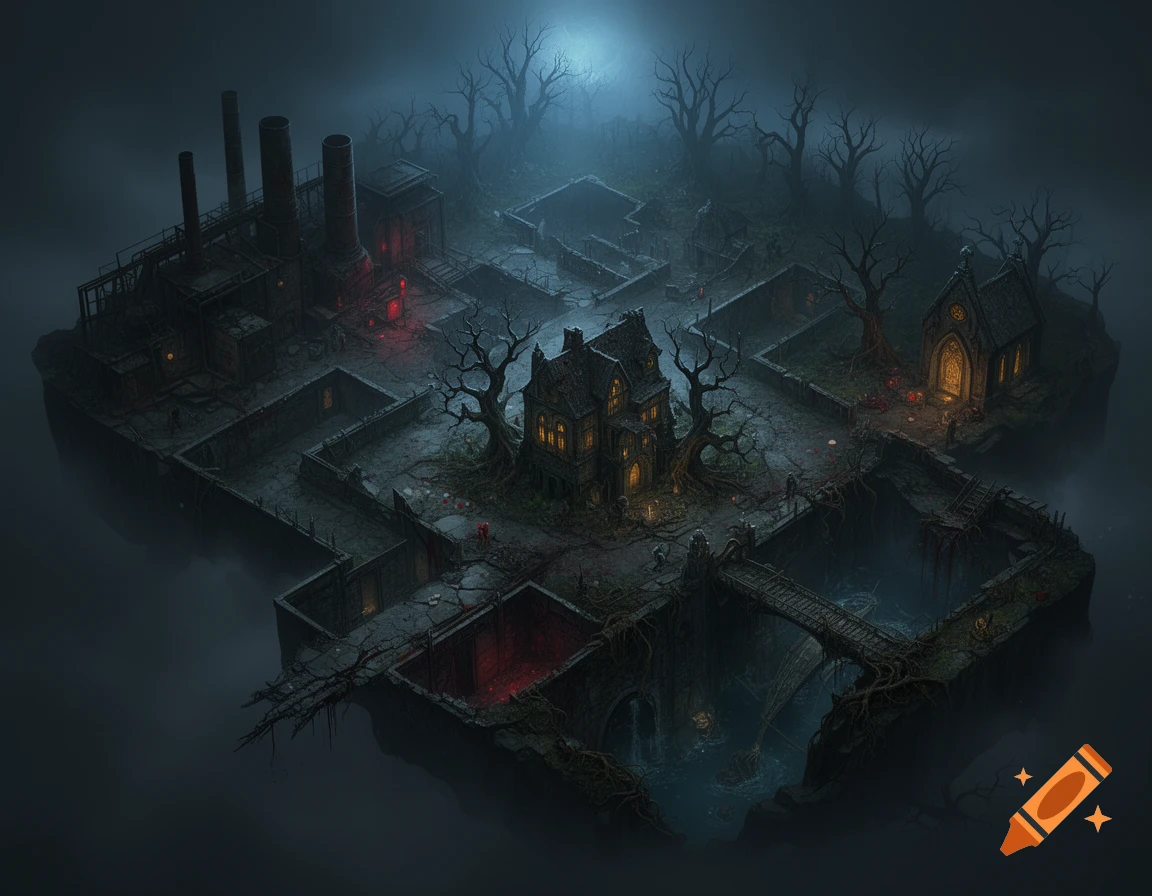 An isometric dark fantasy horror map with a central gothic house, factory, and eerie graveyard in a foggy environment.