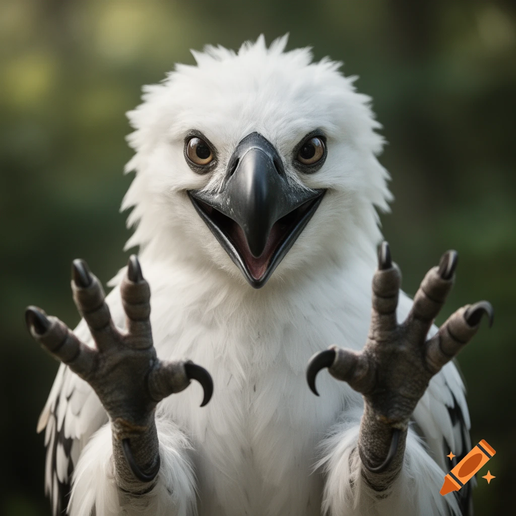 Close-up of an anthropomorphic white bird with a black beak and talons raised up near the face, photorealistic style.