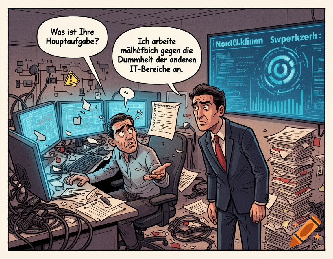 Comic style illustration of an stressed IT worker in a messy office talking to his manager.