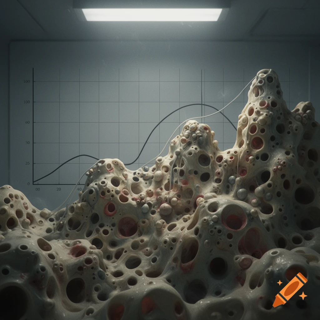 A close-up of a porous, fleshy, organic mountain landscape with numerous holes, resembling trypophobia triggers, set against a faint background graph.