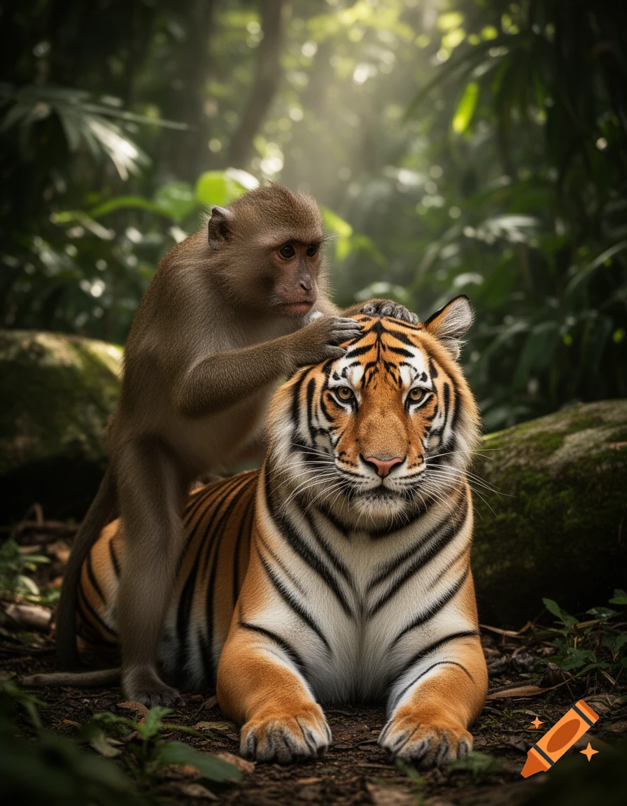 Photorealistic image of a monkey sitting on the back of a tiger in a lush jungle.