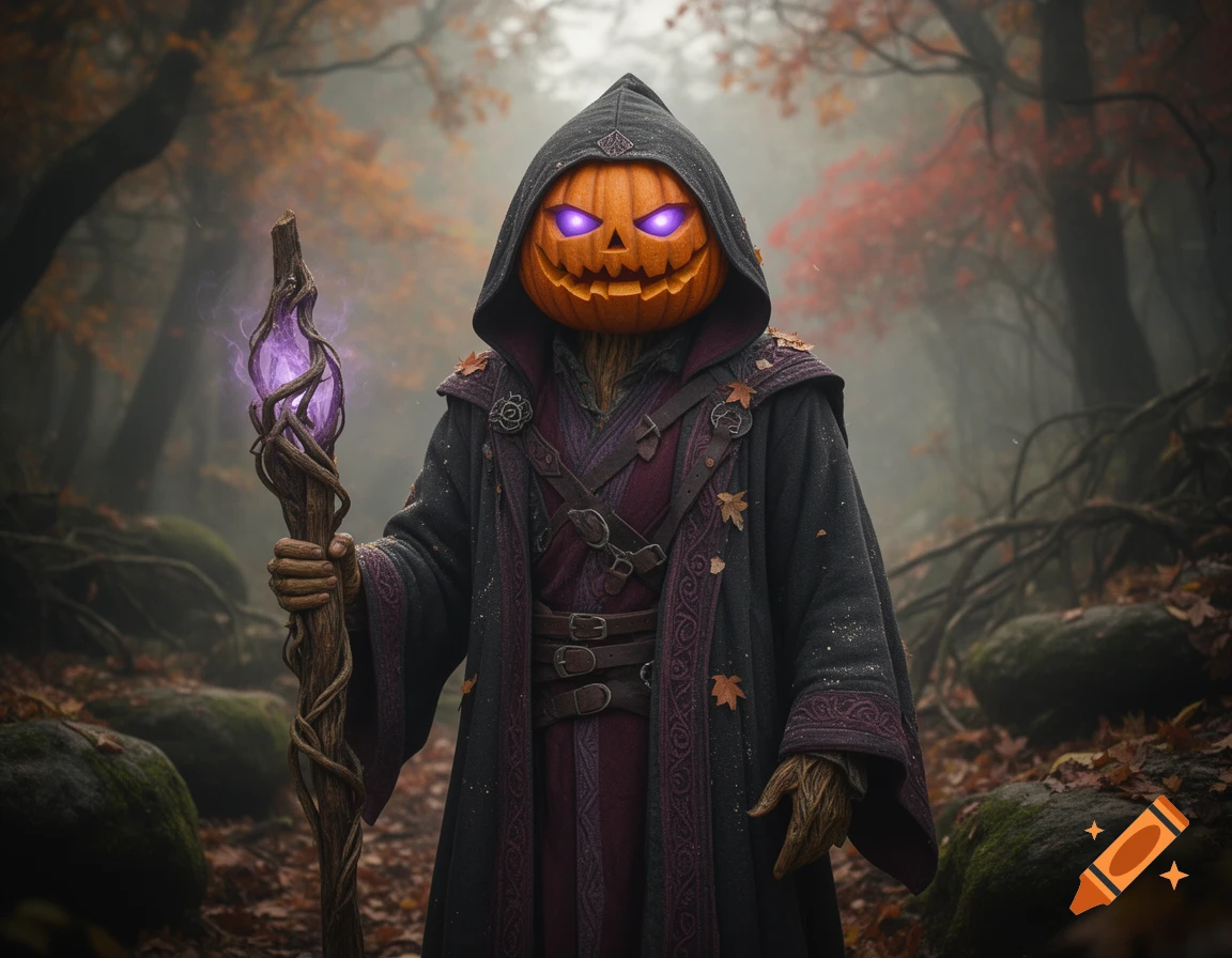 A male pumpkin mage in a dark hooded robe holding a glowing purple staff in a misty autumnal forest.