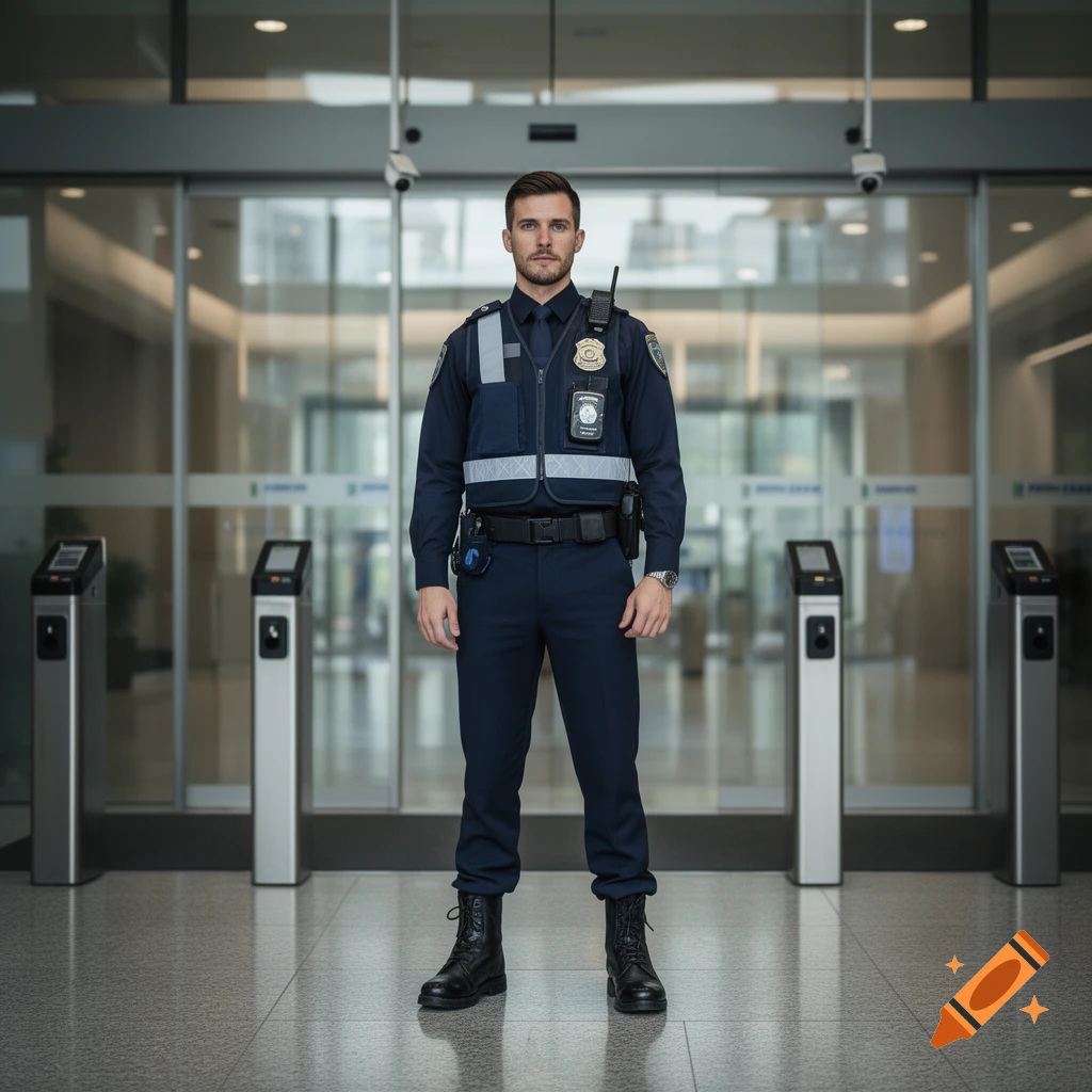 Photorealistic image of a male security guard standing in a modern building lobby.