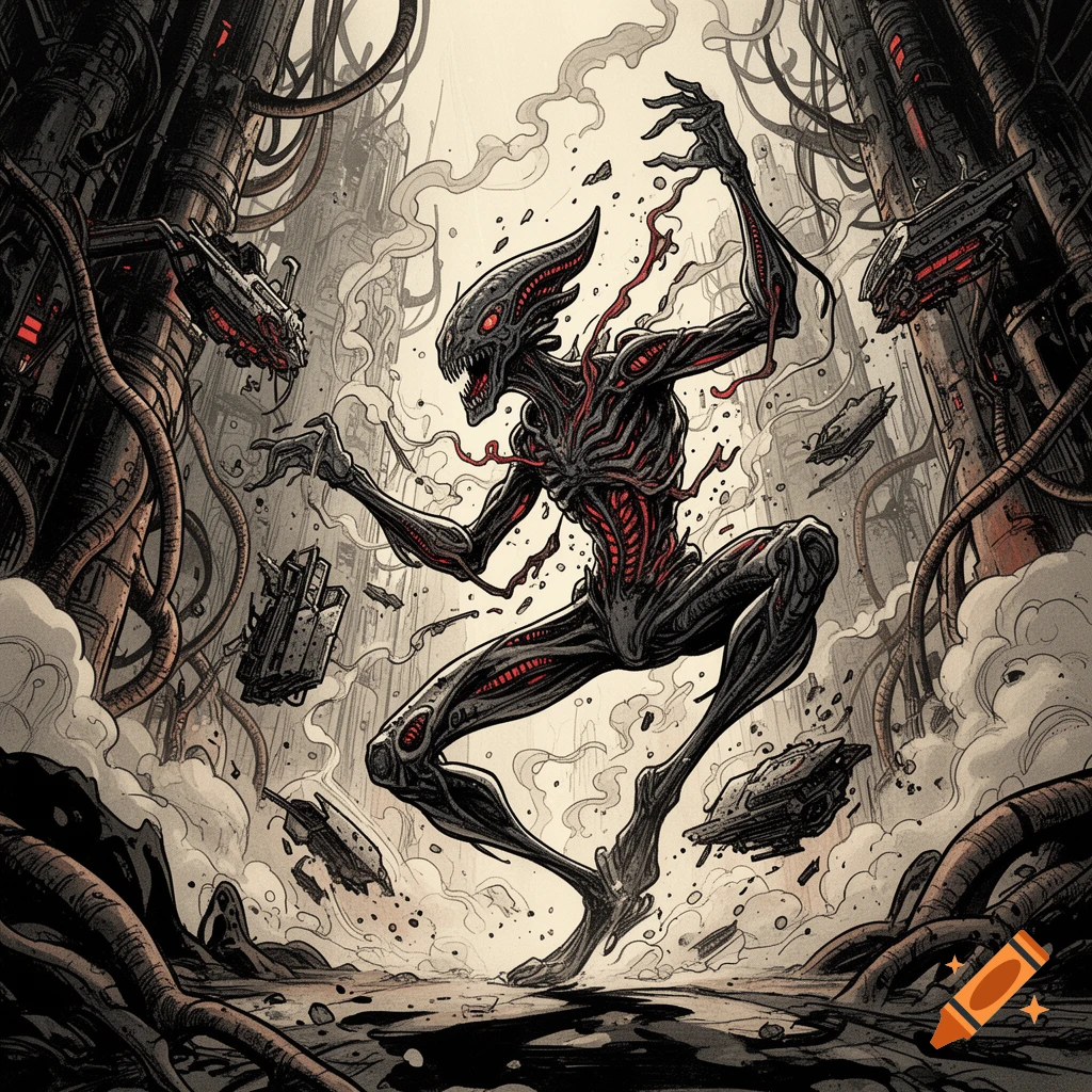 A biomechanical alien monster dancing in a gritty industrial sci-fi setting, drawn in a comic Giger style.