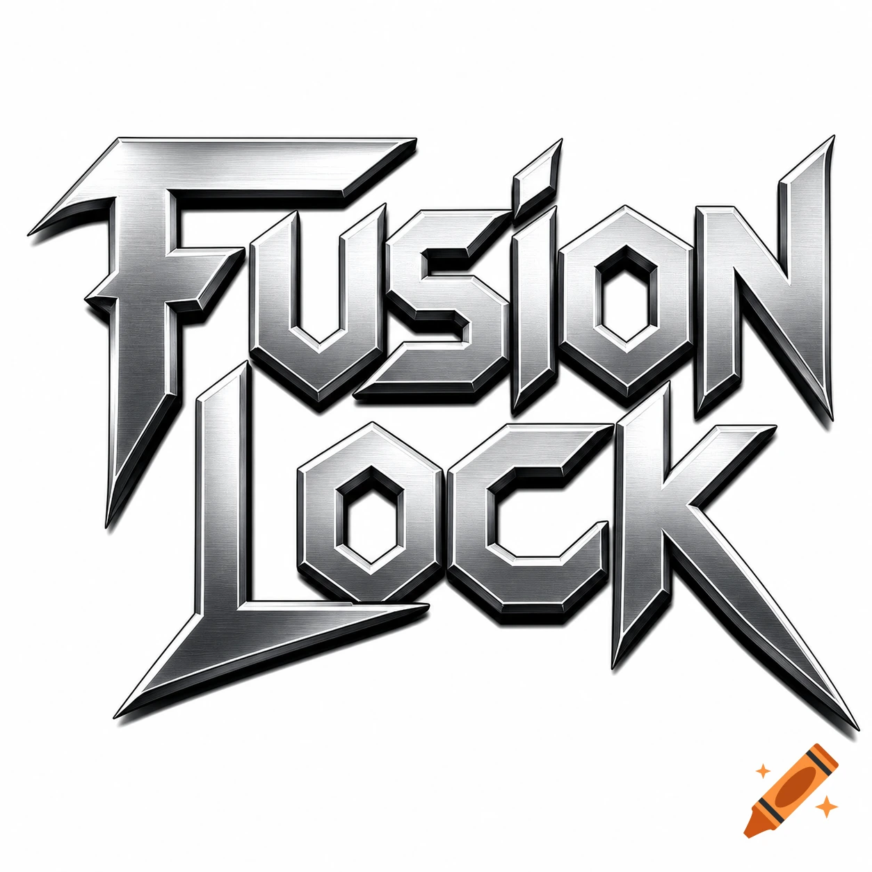 Metallic 3D text spelling 'Fusion Lock' in a heavy metal font on a solid white background