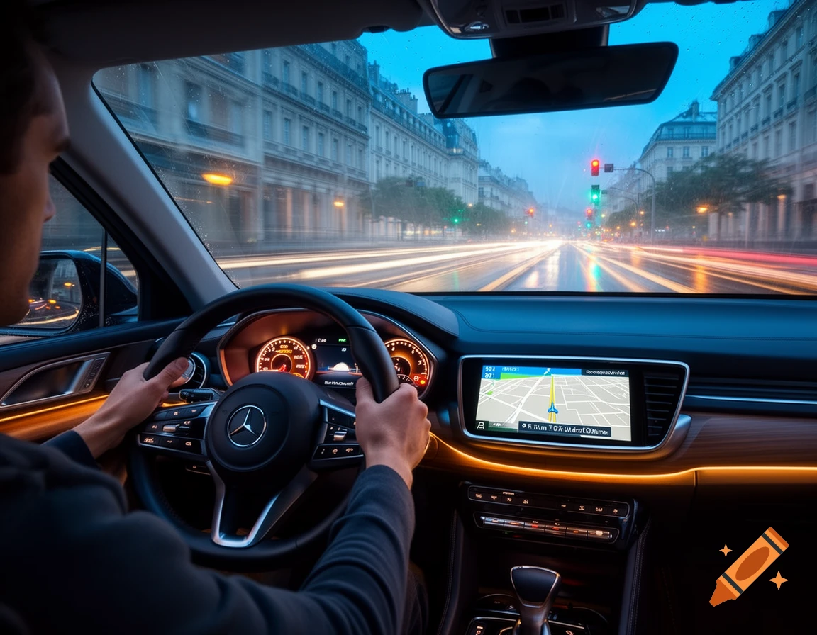 Driver's view from inside a modern car looking out at a rainy city street at dusk, with a navigation screen on the dashboard.