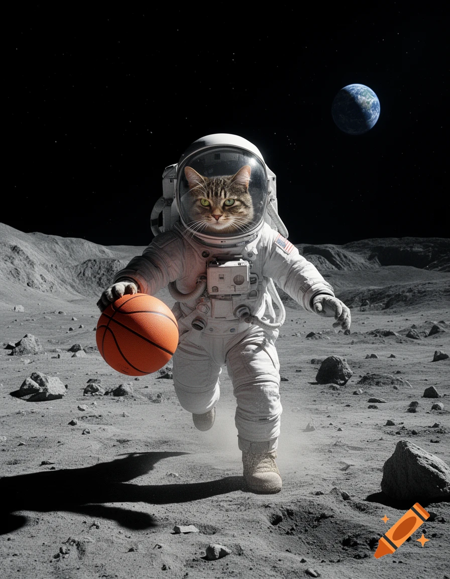 Photorealistic image of a cat in an astronaut suit dribbling a basketball on the moon's surface with Earth visible in the background.