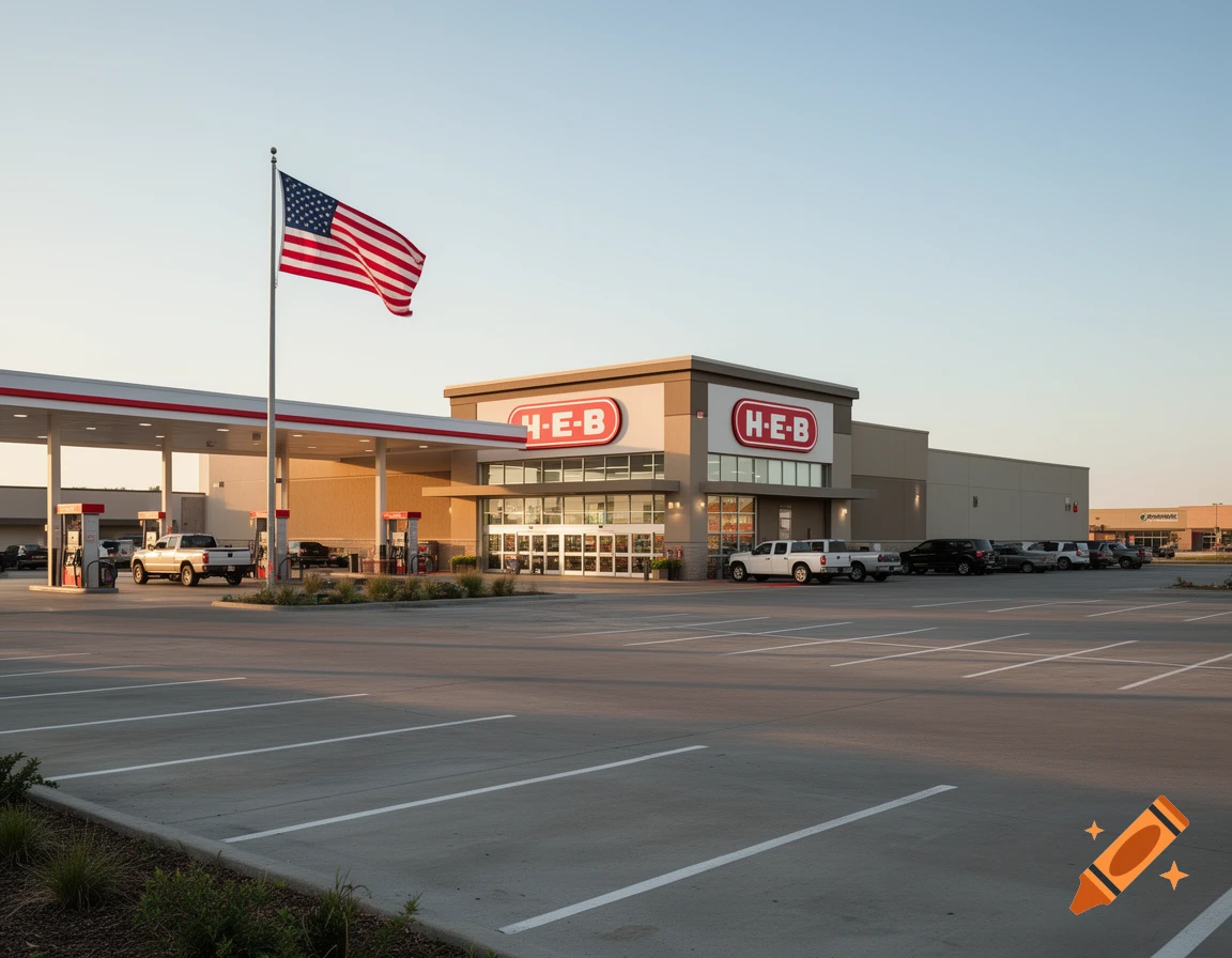Photorealistic exterior view of an H-E-B grocery store and gas station with an American flag flying on a pole in the foreground.