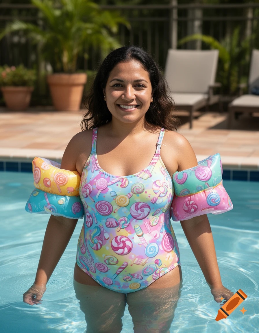 A smiling Latina woman wearing a colorful candy-patterned one-piece swimsuit and colorful arm floaties standing in a swimming pool.