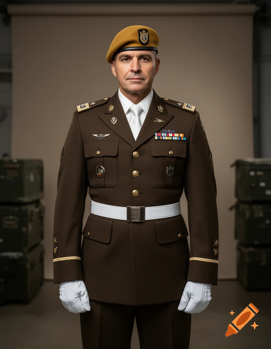 Photorealistic portrait of a male military general in a dark brown dress uniform with white details and a golden beret.