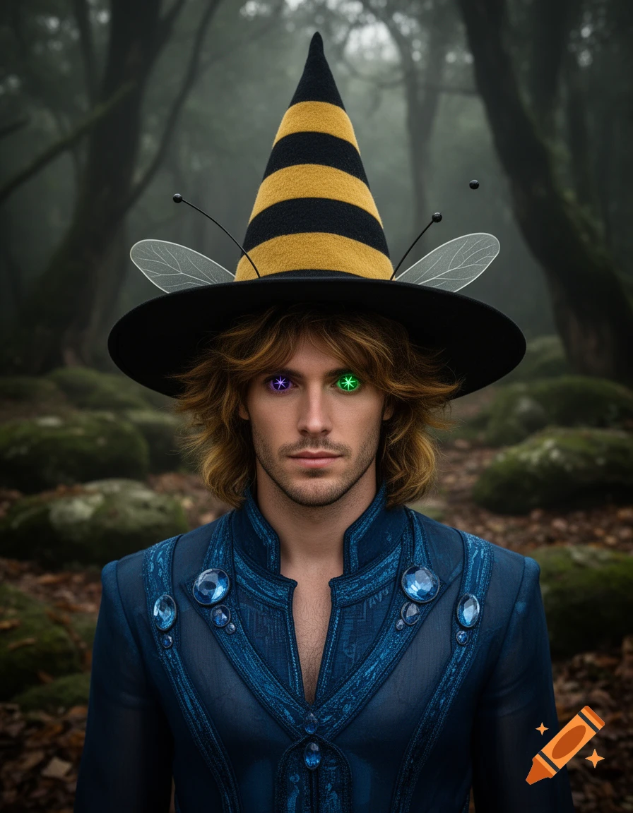 Photorealistic portrait of a male witch with star-shaped eyes, wearing a blue topaz outfit and a bumblebee-themed witch hat in a misty forest.