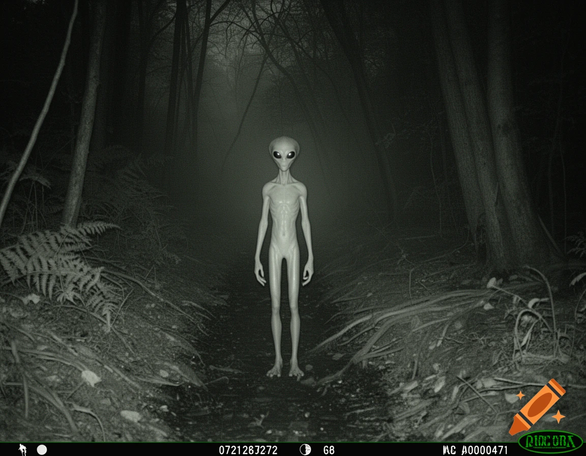 Monochrome trail camera photo of a grey alien standing on a dark forest path at night.