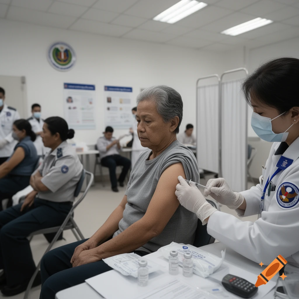 A medical professional in a lab coat administering a vaccination to an elderly woman in a clinic setting, photorealistic.