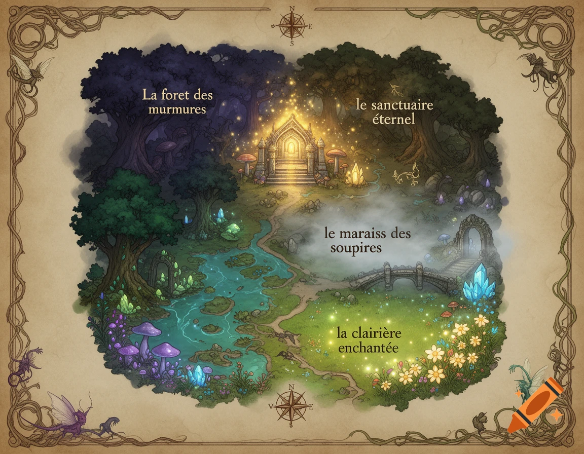 Fantasy map of a magical realm with forests, sanctuaries, and rivers, illustrated in a classic parchment style.