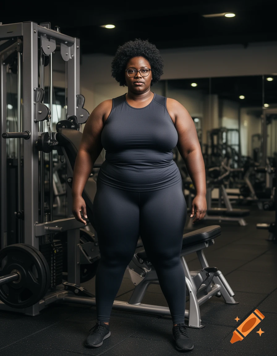 Photorealistic full-body photo of a plus-size Black woman with glasses and athletic wear posing confidently in a gym.