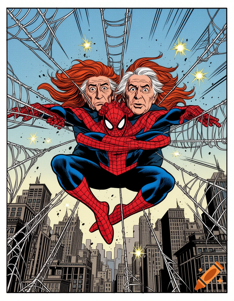 Comic book style illustration of Spider-Man carrying a person with long red hair and older features through a city.