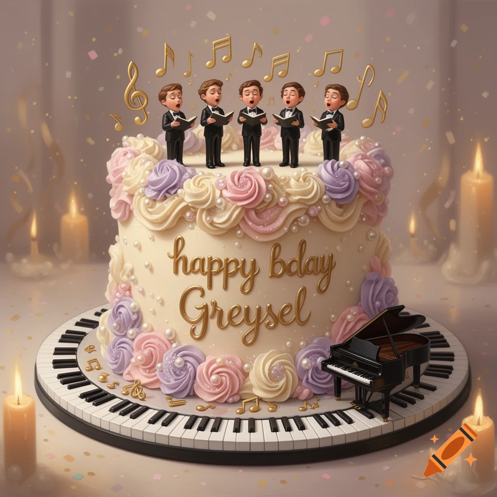 A multi-layered birthday cake decorated with flowers, little choir figures on top, piano keys around the base, and a miniature piano.