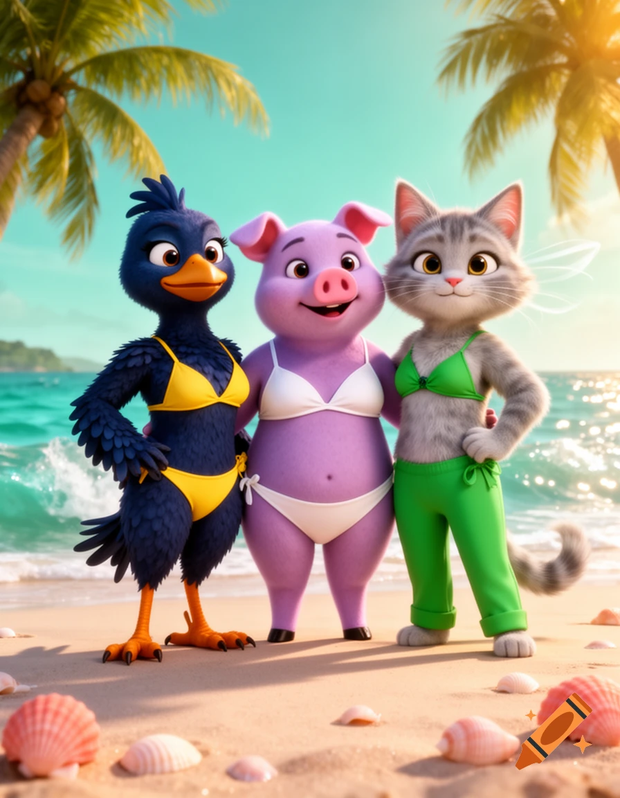 CGI animation of a blue bird, purple pig, and grey cat wearing bikinis on a sunny tropical beach.